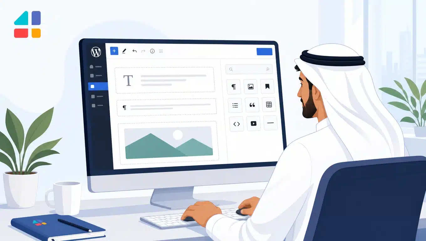رجل خليجي يستخدم محرر ووردبريس 7.0 على شاشة كمبيوتر لإنشاء محتوى